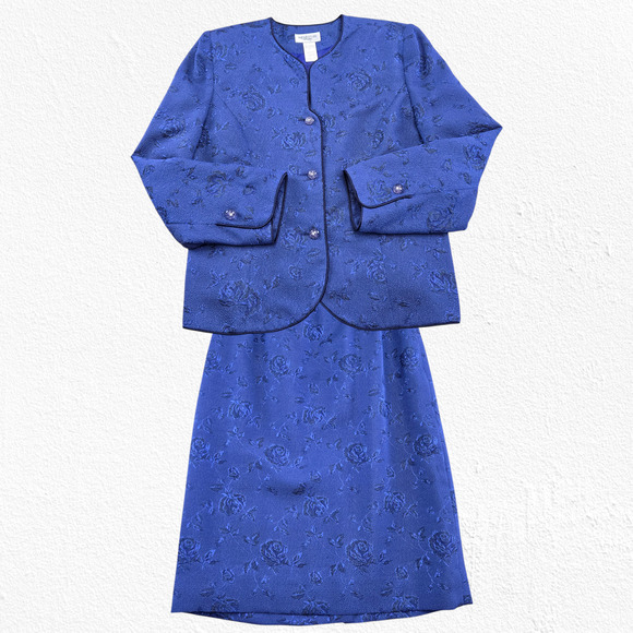 Vintage 80s Royal Blue Jacquard Skirt Suit Floral Formal Skirt Blazer Size 12P - Picture 2 of 16